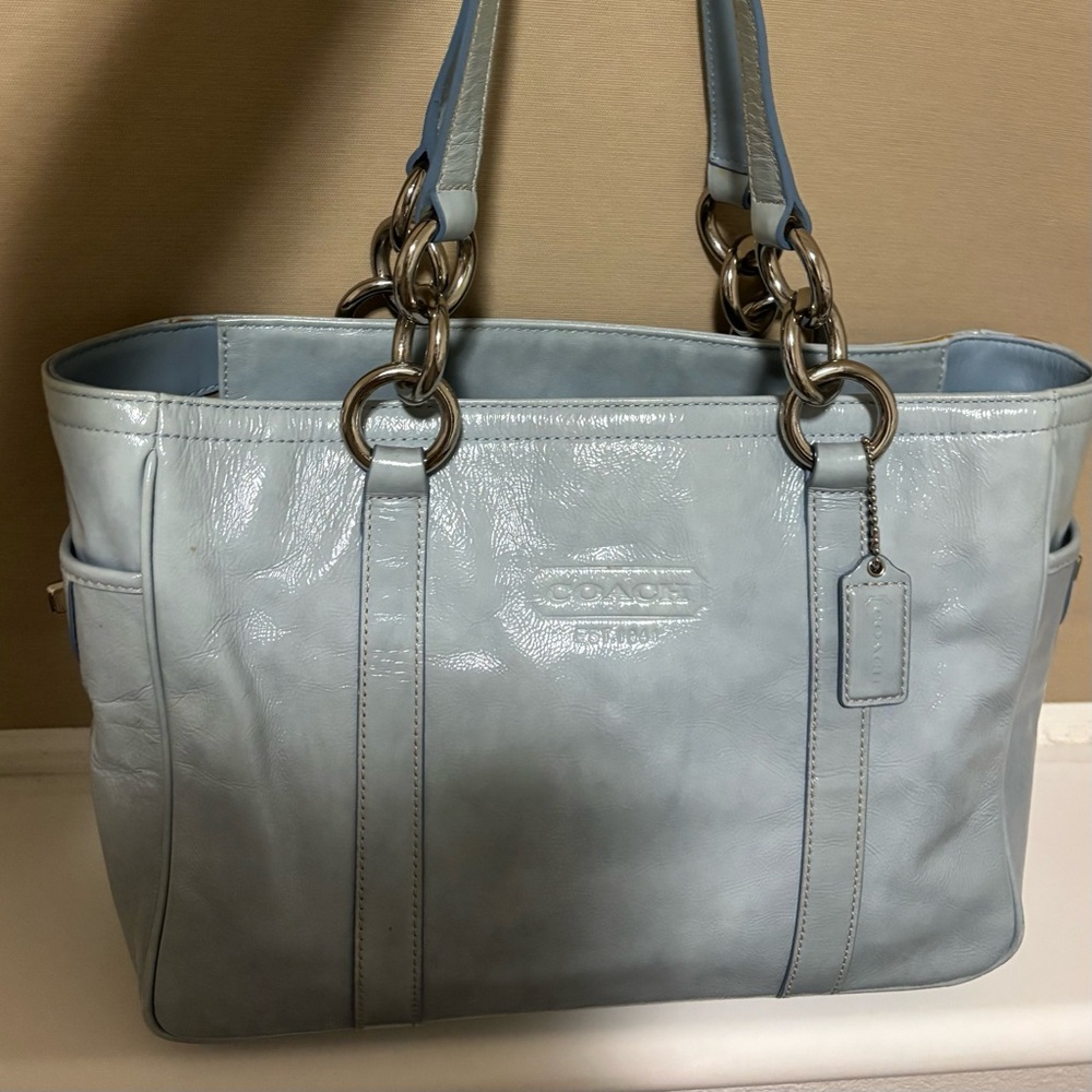 Coach ice blue patent leather gallery tote RARE